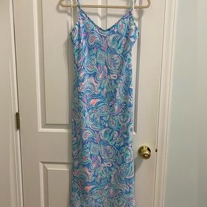 Lilly Pulitzer Maretta Bias midi dress in Zanzibar Bluefish Kiss, so comfy! S